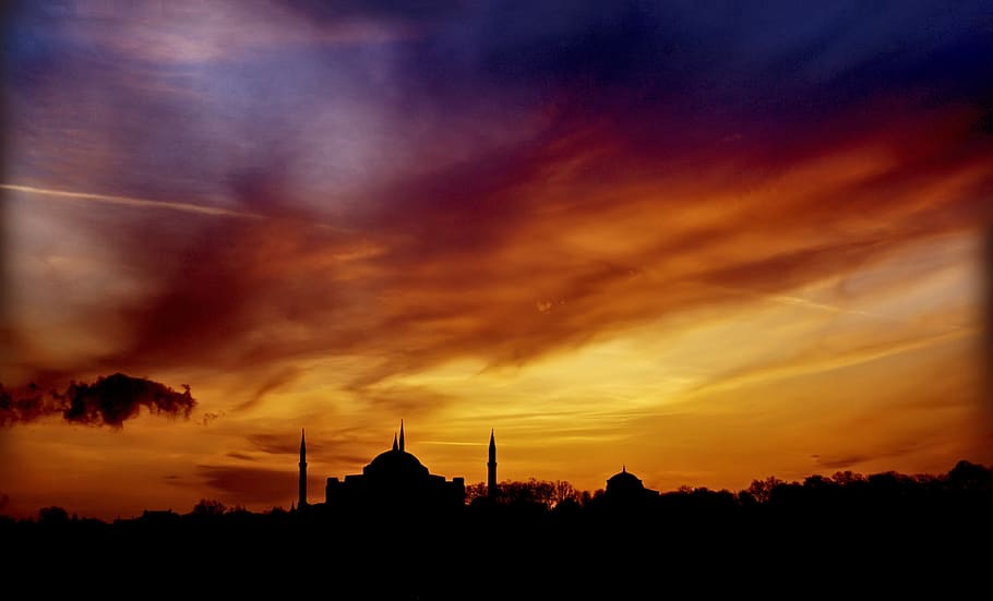 mosque, sky, holy, islam, istanbul, sunset, cloud - sky, silhouette, HD wallpaper
