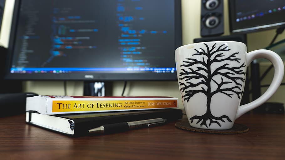 books, coffee, computer, journal, desk, mug, programming, setup, HD wallpaper