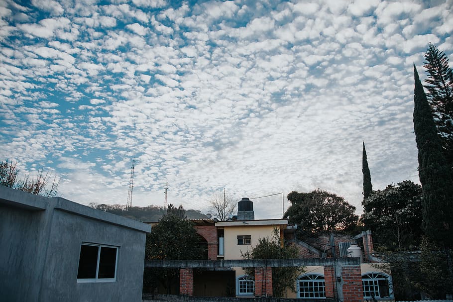 rooftop, blue skys, clouds, trees, houses, Mexico, building exterior HD wallpaper