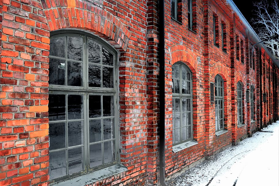 sweden, brick wall, window, windows, reflection, snow, outside HD wallpaper