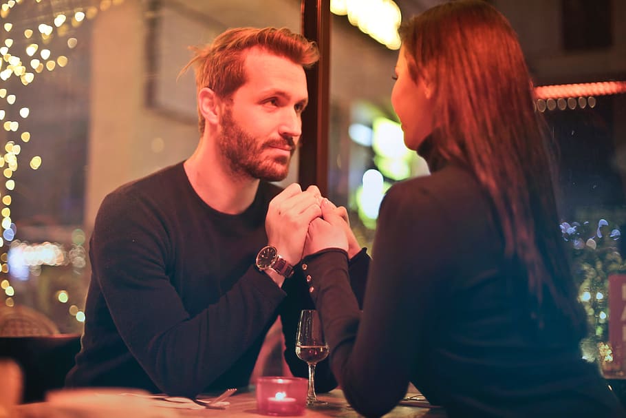 romantic, dinner, couple, holding, hands, woman, female, restaurant HD wallpaper