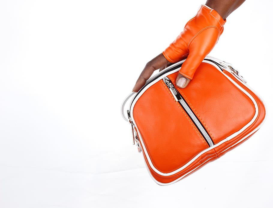 bag, hands, gloves, orange, leather, color, white background, HD wallpaper