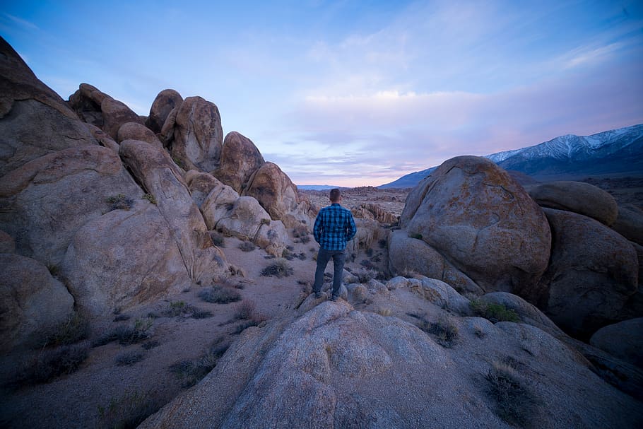 rocks, man, hiking, desert, snow, mountain, camping, outside HD wallpaper