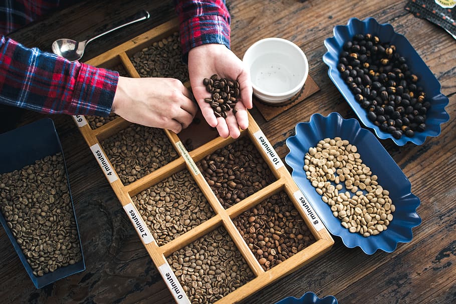 coffee, coffee beans, roasting, hands, wood, human hand, one person HD wallpaper