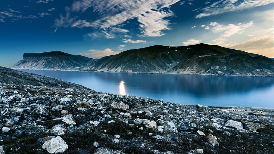Brown Mountain Near Body of Water, blue, clouds, daylight, landscape HD wallpaper