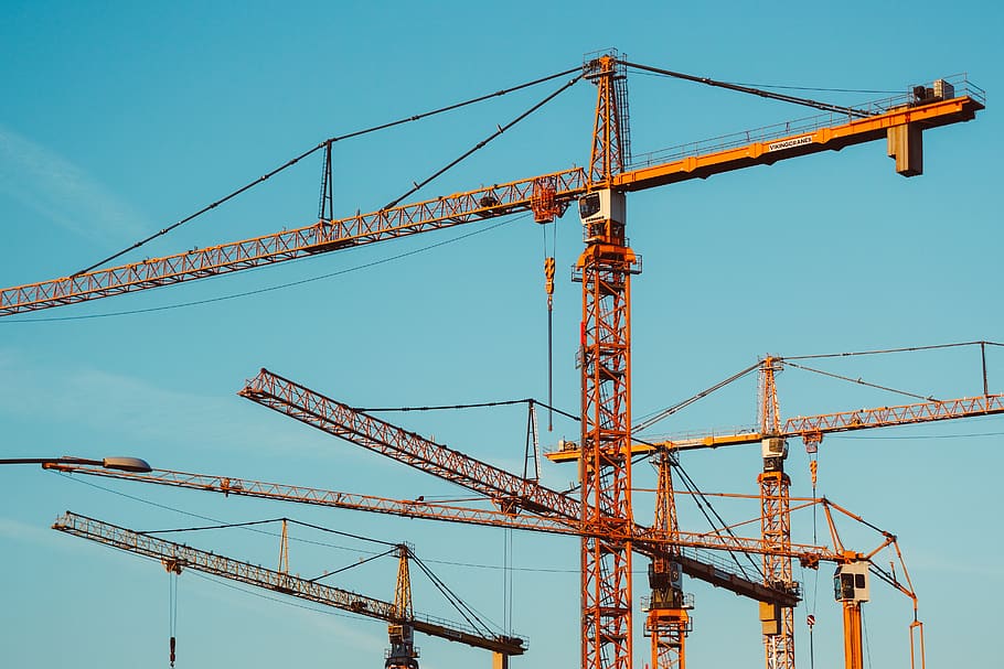 brown tower cranes, construction site, construction industry HD wallpaper