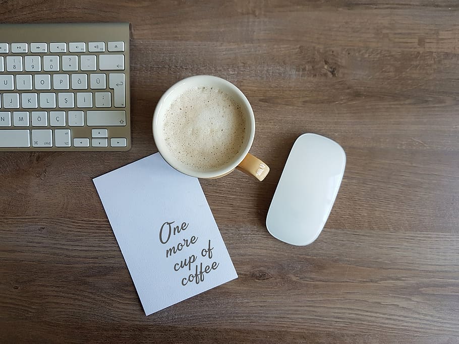 Apple Magic Mouse and White Ceramic Mug, card, coffee, conceptual HD wallpaper