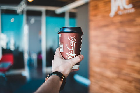 McCafe cup, coffee cup, wristwatch, human, person, finger, beverage HD wallpaper