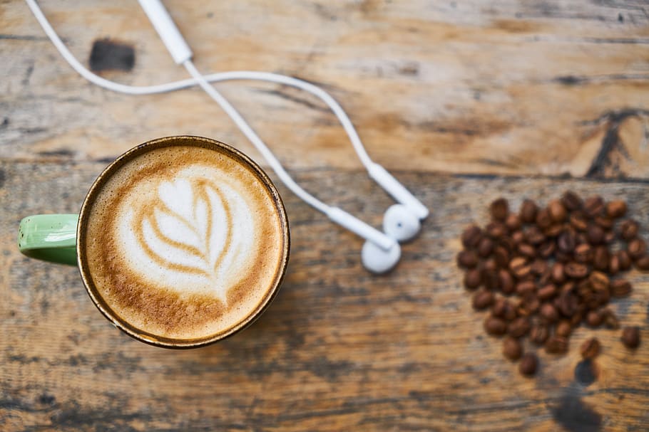 White Earbuds, beautiful, brown, cappuccino, coffee, cup of coffee HD wallpaper