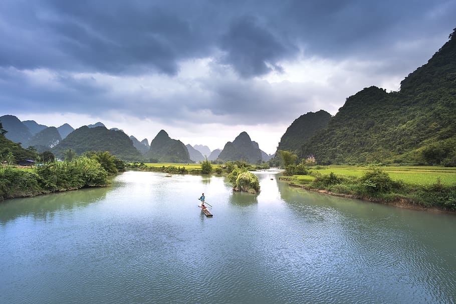 Man On Boat In Lake, landscape, mountain, nature, outdoors, river HD wallpaper