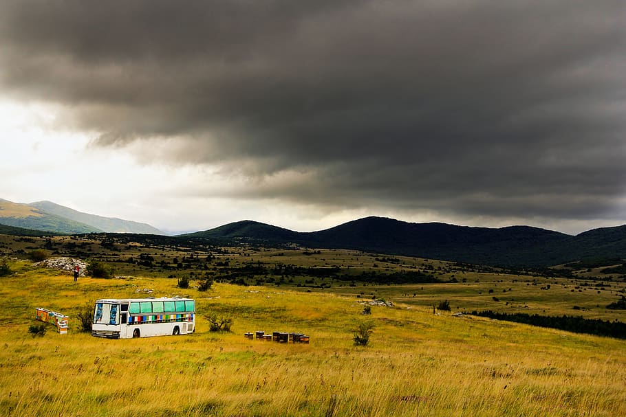 landscape, bus, nature, clouds, scenic, cloud - sky, mode of transportation HD wallpaper