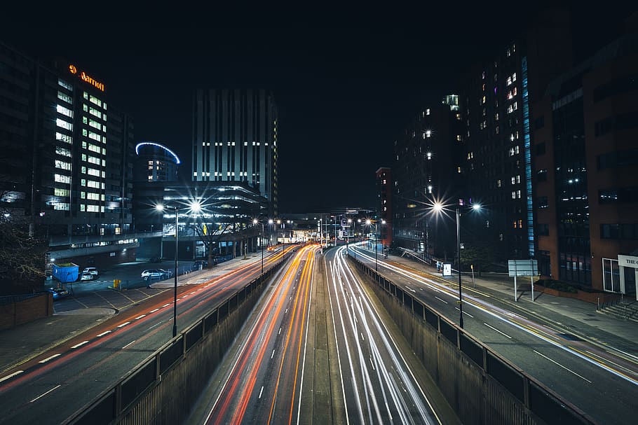 dark, night, road, lights, highway, sky, architecture, buildings HD wallpaper
