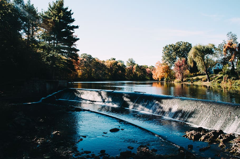 united states, natick, reflection, fall, autumn, trees, waterfall HD wallpaper