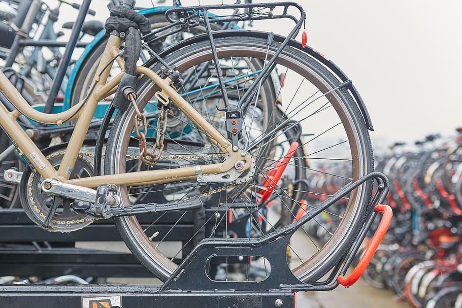 assorted bicycles on bicycle rack, transportation, mode of transportation HD wallpaper
