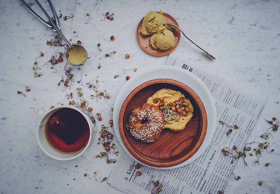 doughnut, bread, food, snack, herbal, tea, cup, ice cream, dessert HD wallpaper