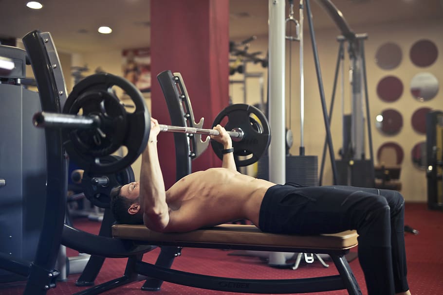 Man Doing Bench Press, active, barbell, biceps, body, bodybuilder