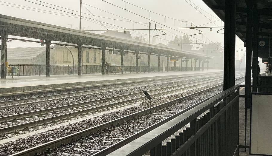 italy, rho, clouds, train, railway, wet, trainstation, rainstorm HD wallpaper