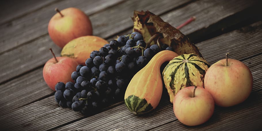 fruit, grapes, apple, pumpkins, autumn, harvest, autumn decoration HD wallpaper