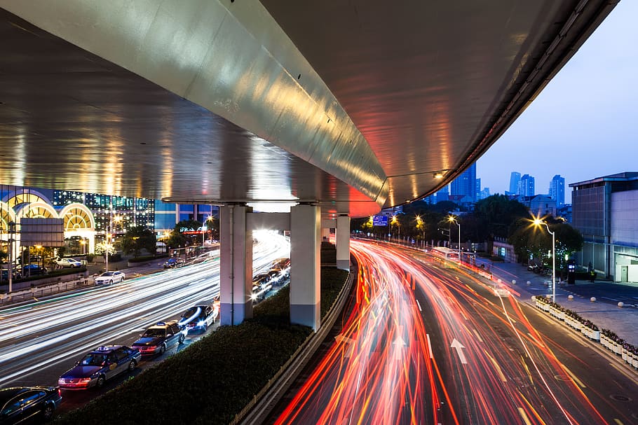 china, shanghai, light, trails, street, road, light trails HD wallpaper