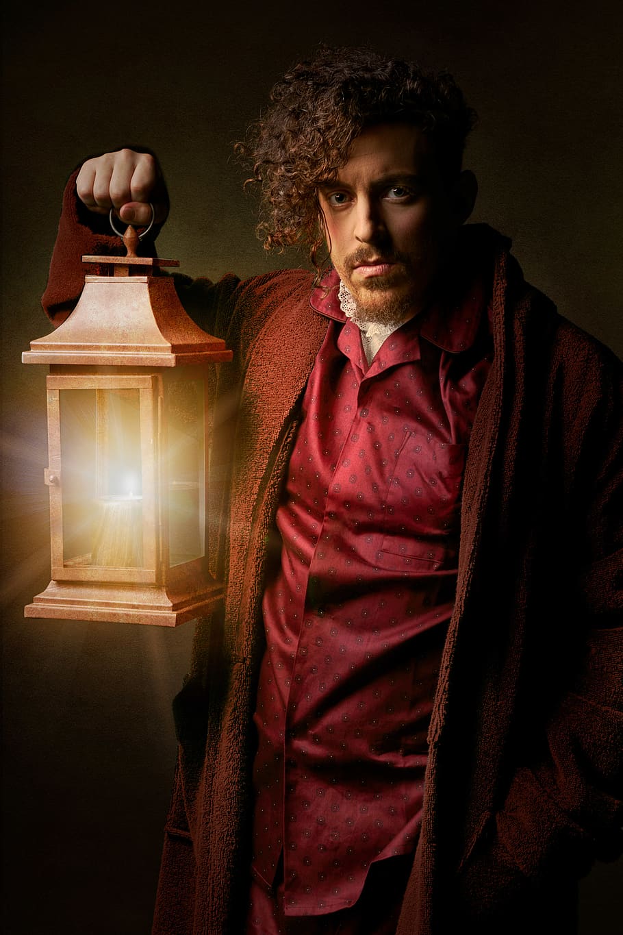 Photo of Man Holding Lamp, adult, beard, bright, coat, curly hair, HD wallpaper