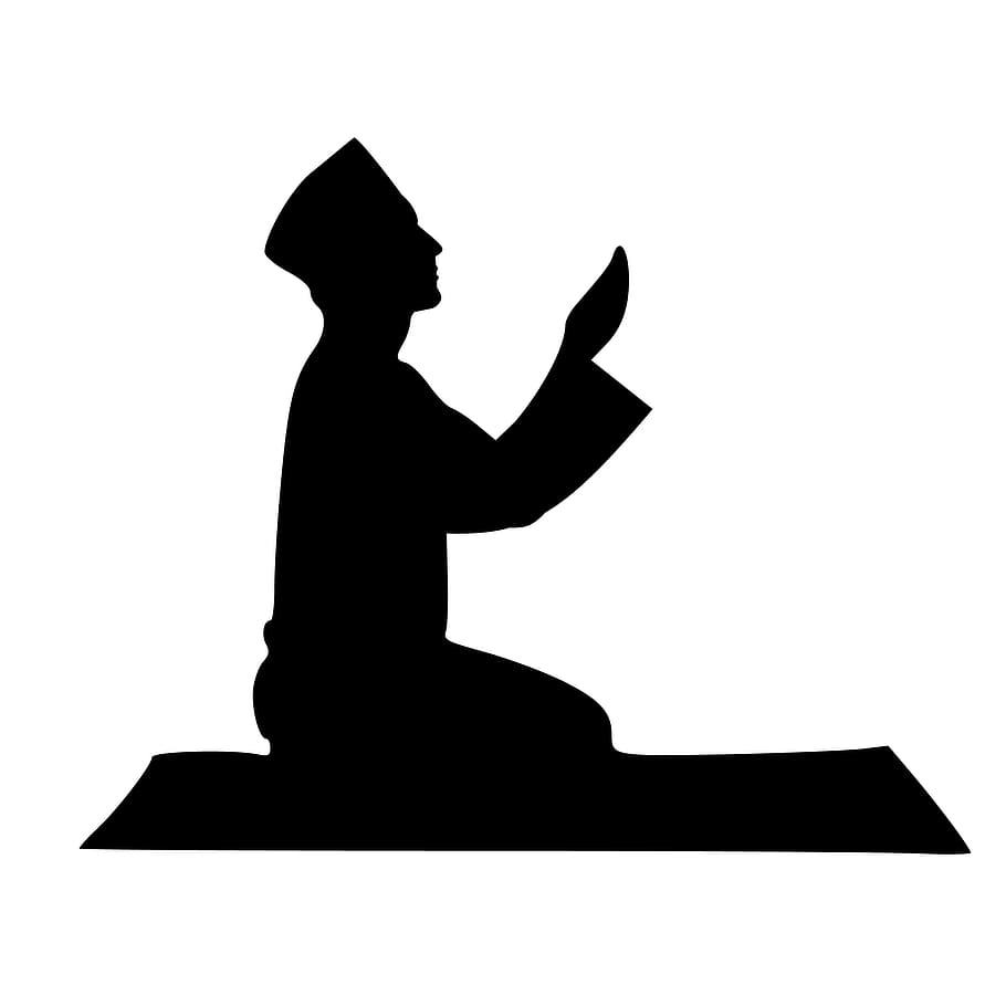 Illustration of praying person in silhouette., islamic, prayer