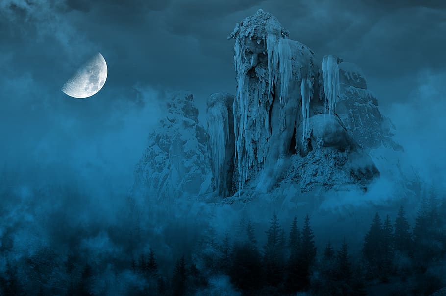 cold, ice, sculpture, mountains, snow, firs, fantasy, blue HD wallpaper