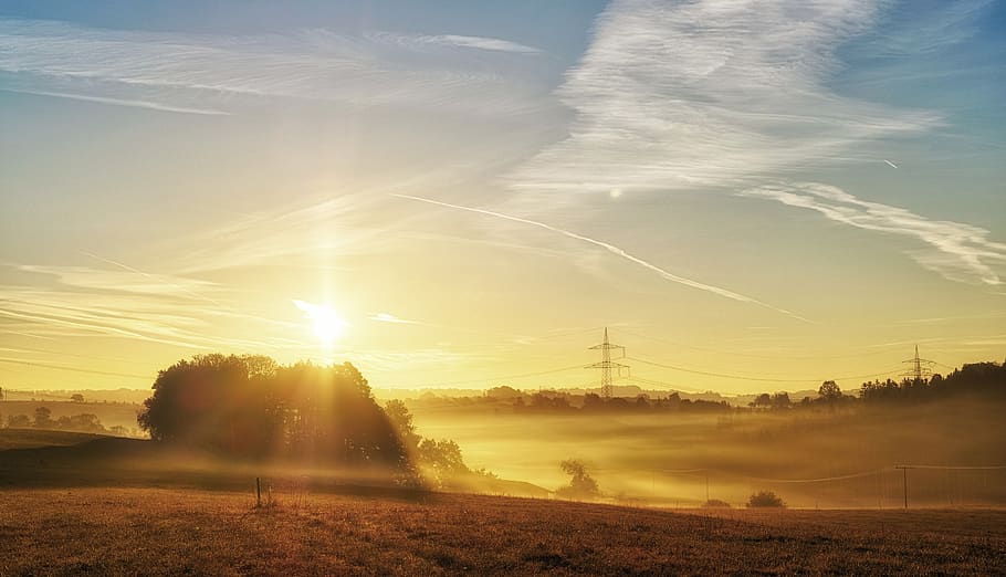 sunrise, sunset, sunlight, twilight, fog, landscape, sky, clouds HD wallpaper
