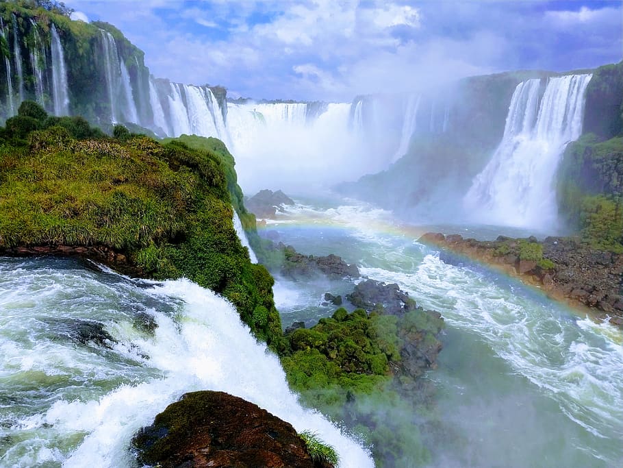 brazil, foz do iguaçu, iguassu, waterfall, rainbow, natural, HD wallpaper