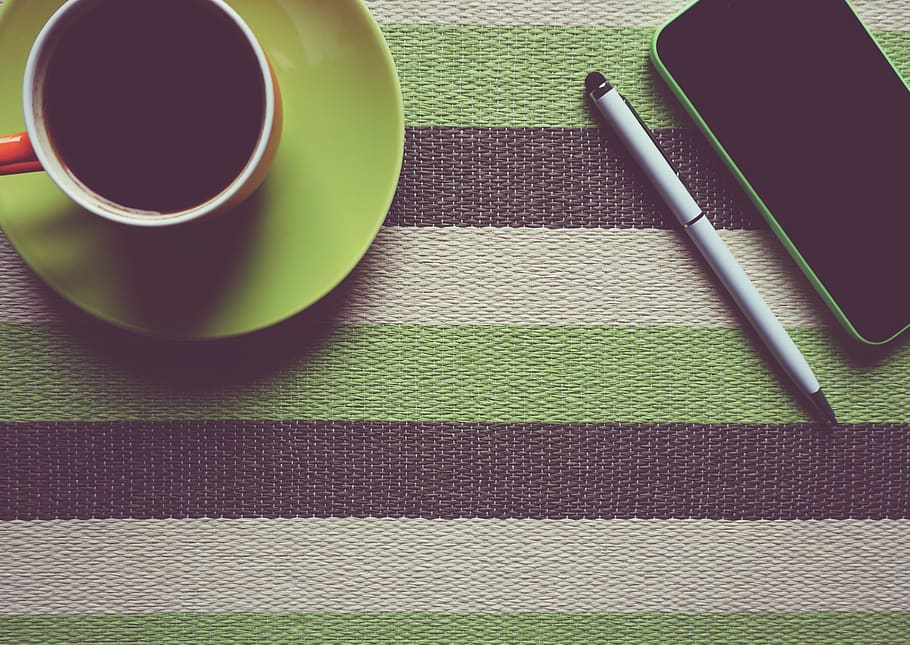 Green Iphone 5c Next to Coffee Mug, caffeine, cellphone, coffee table, HD wallpaper