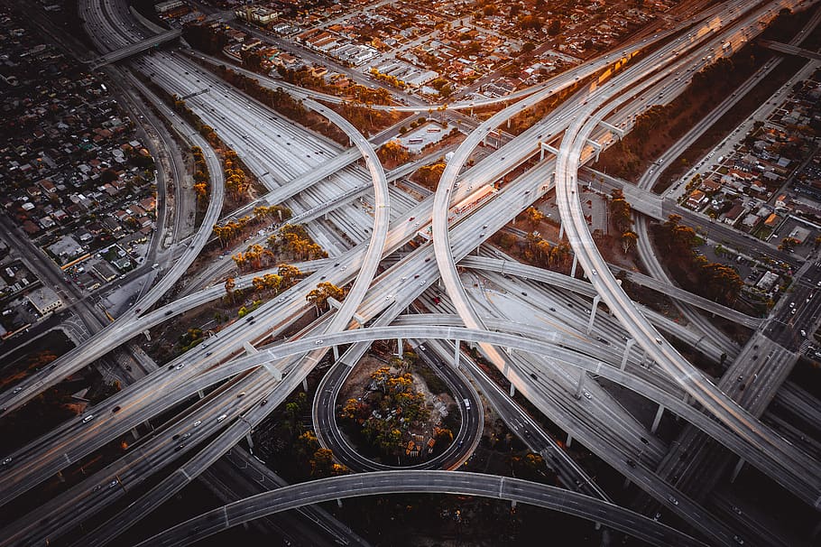 overpass roads, high angle view, highway, city, no people, transportation, HD wallpaper