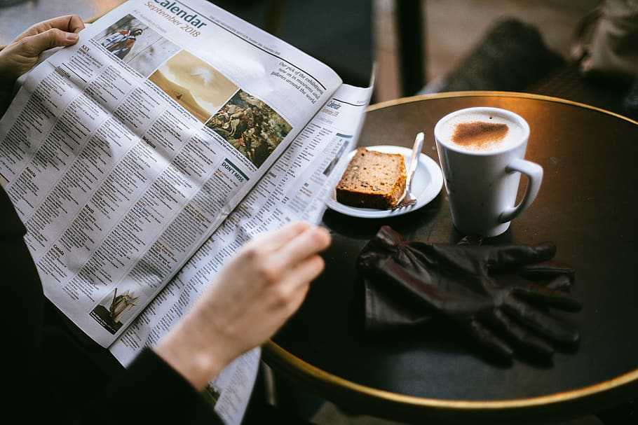 Photo of Person Reading, beverage, bread, cake, calendar, coffee HD wallpaper