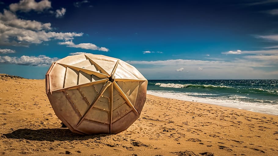 parasol, sun shade, sand, beach, seashore, water, land, sky HD wallpaper
