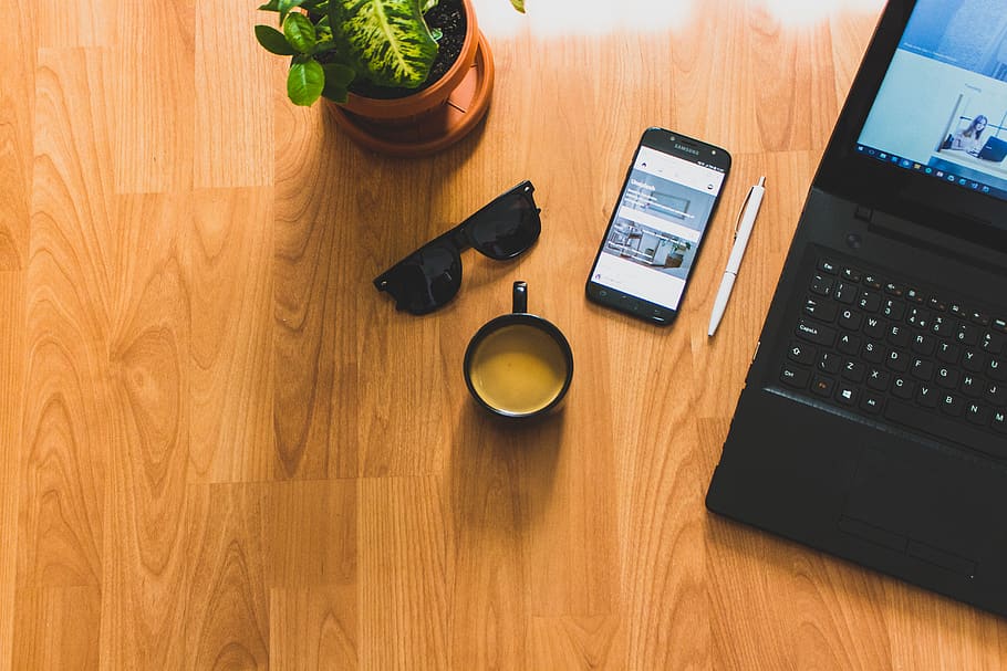 Black Laptop on Brown Table, coffee, desk, indoors, internet HD wallpaper