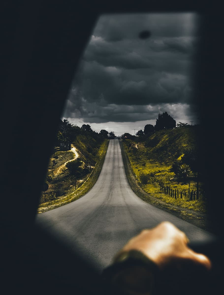 Highway Near Trees Under Cloudy Sky, adventure, car, clouds, dark HD wallpaper