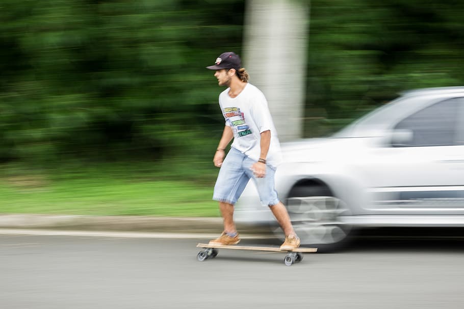 Man Playing Longboard on Road, asphalt, auto, automobile, blur HD wallpaper