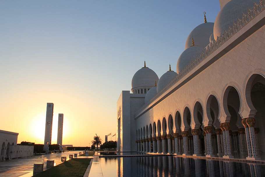 mosque, reflection, water, abu dabhi, uae, architecture, building exterior HD wallpaper