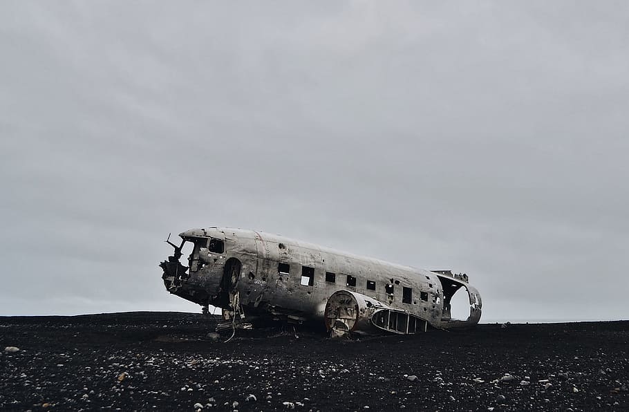 grayscale photo of airplane, wreck, landscape, europe, iceland