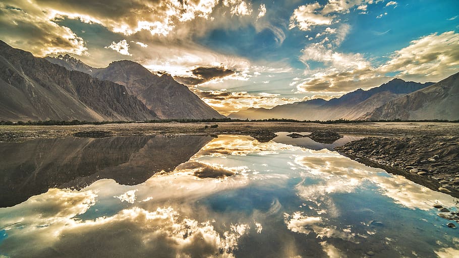 mountains, lake, sky, clouds, reflection, sunset, nikon, nature HD wallpaper