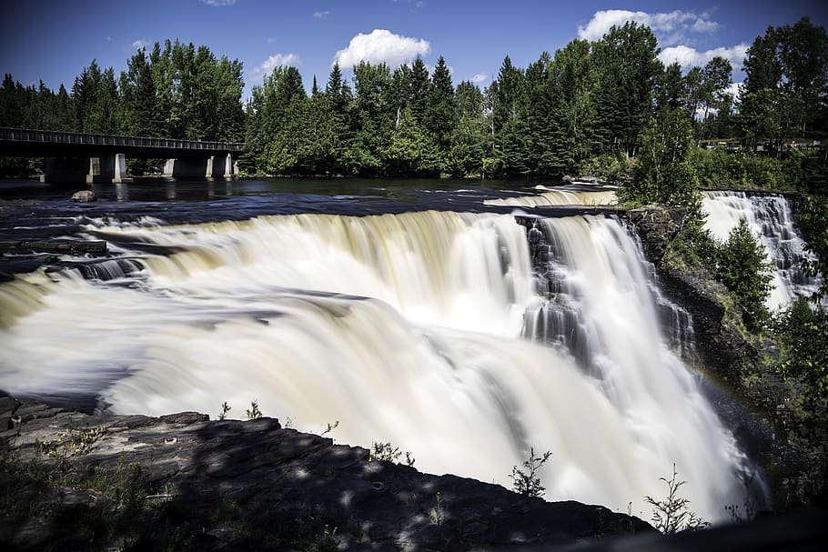 canada, kakabeka falls, trees, waterfall, nature, bridge, cascade HD wallpaper