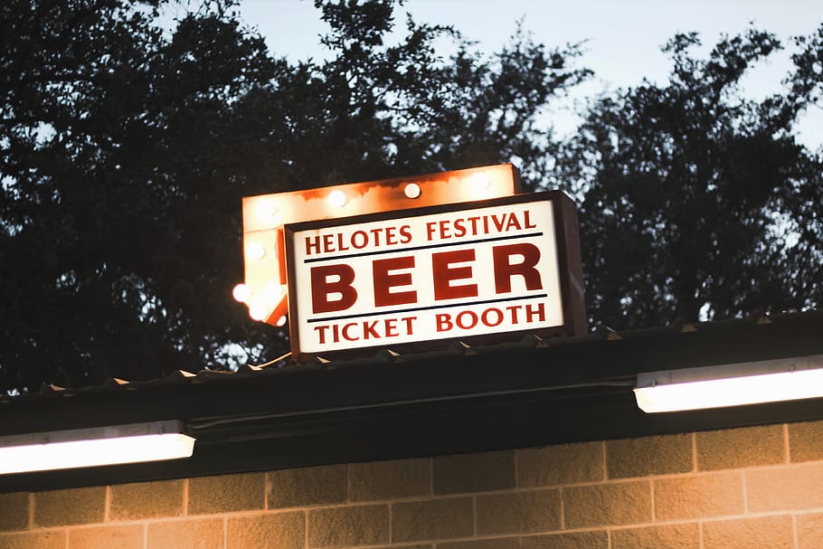 sign, lights, beer, helotes, festival, ticket, booth, text HD wallpaper