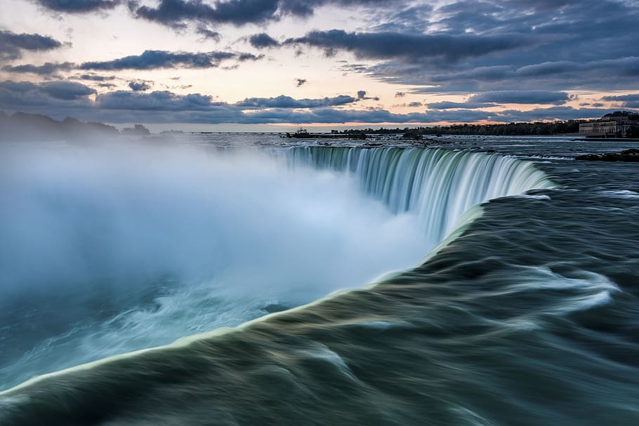 waterfall, stream, nature, landscape, rocks, clouds, sky, travel HD wallpaper