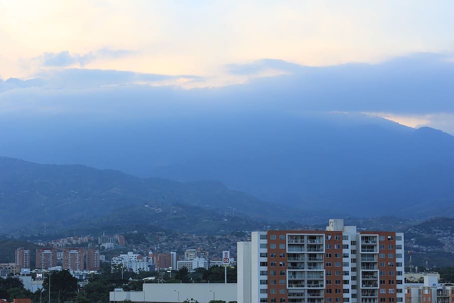 city, cali, colombia, buildings, sky, sunset, landscape, from the sky, HD wallpaper