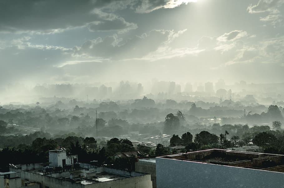 Aerial View Of City, buildings, cityscape, clouds, cloudy, daylight HD wallpaper
