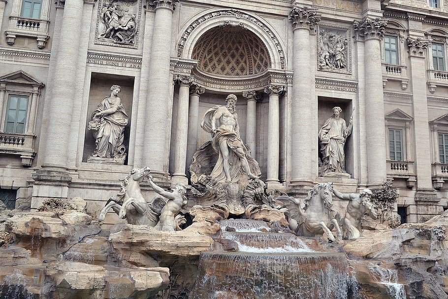 italy, roma, fontana di trevi, marble, statue, god, architecture, HD wallpaper