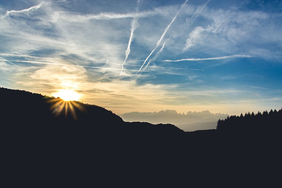 blue, sky, clouds, sunset, sunrise, sunlight, sunshine, mountain HD wallpaper