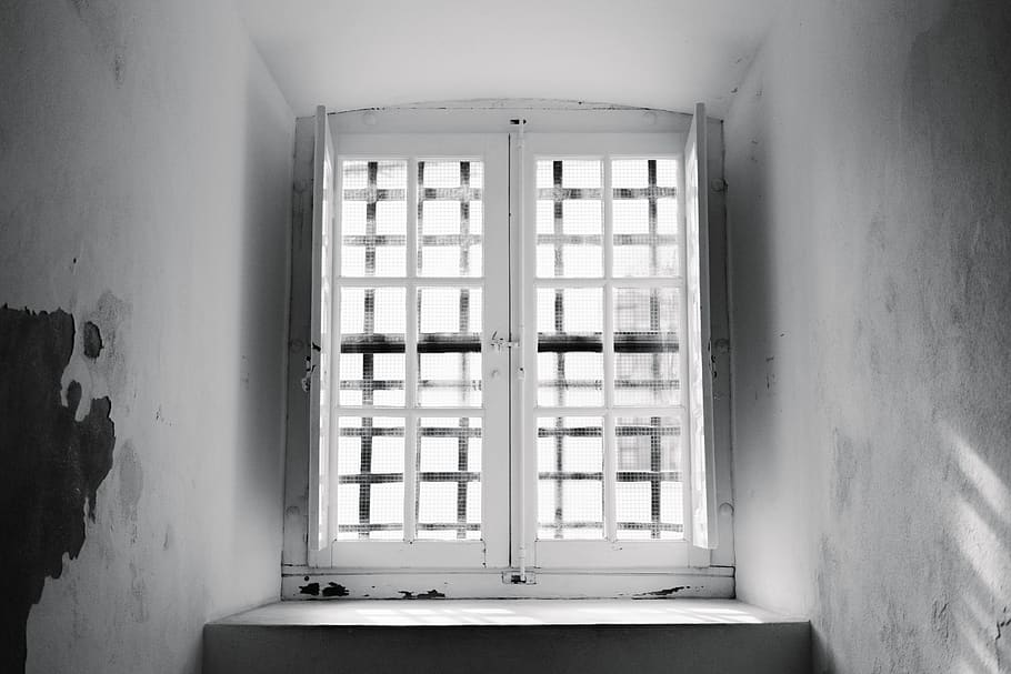 portugal, coimbra, glass, black and white, prison, windows, HD wallpaper