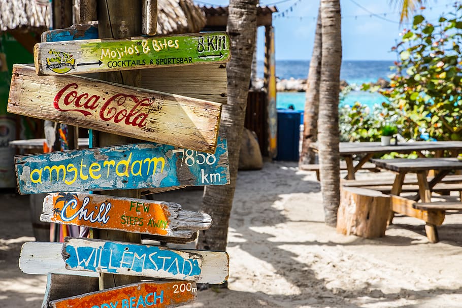 Coca-Cola wooden signage, bench, bar, beach, curacao, paradise, HD wallpaper