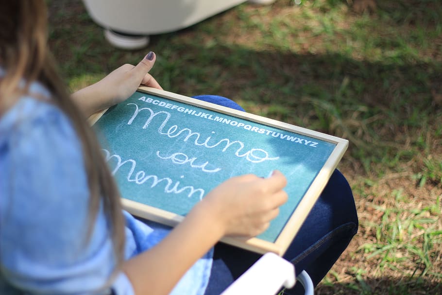 Woman Writing on Chalkboard, adolescent, blackboard, education HD wallpaper