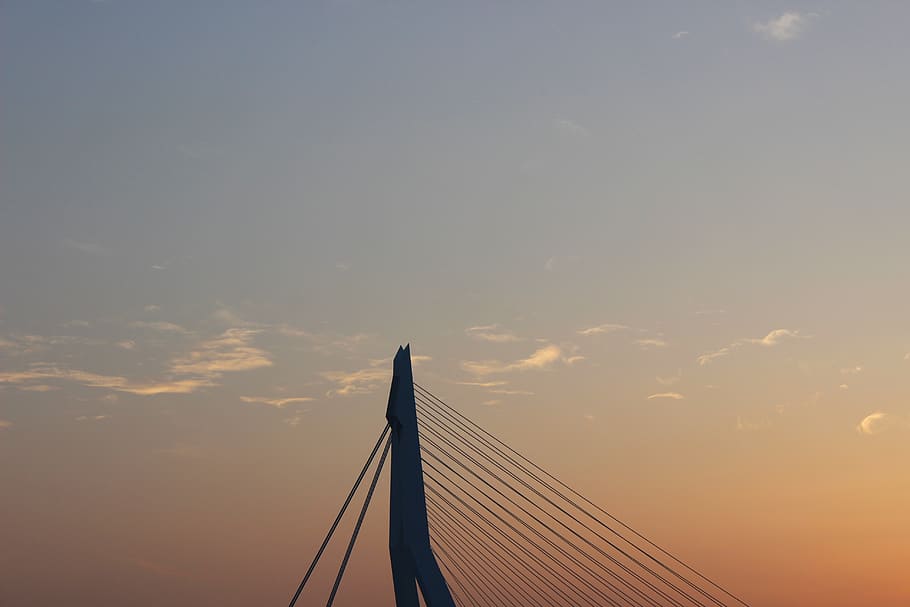 rotterdam, erasmusbrug, netherlands, sunset, orange, blue, bridge, HD wallpaper