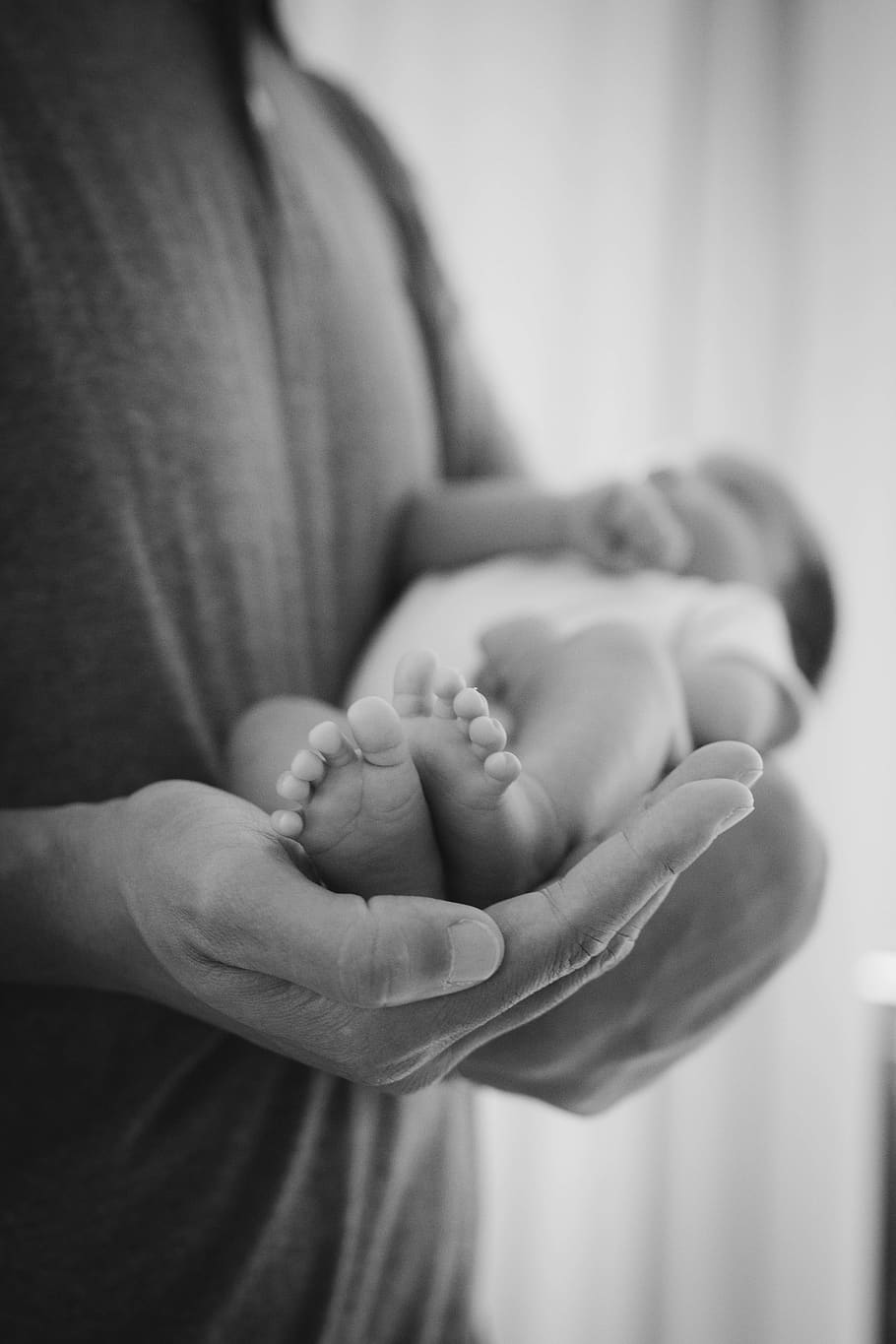 Grayscale Photography of Man Carrying Baby, blur, child, dad